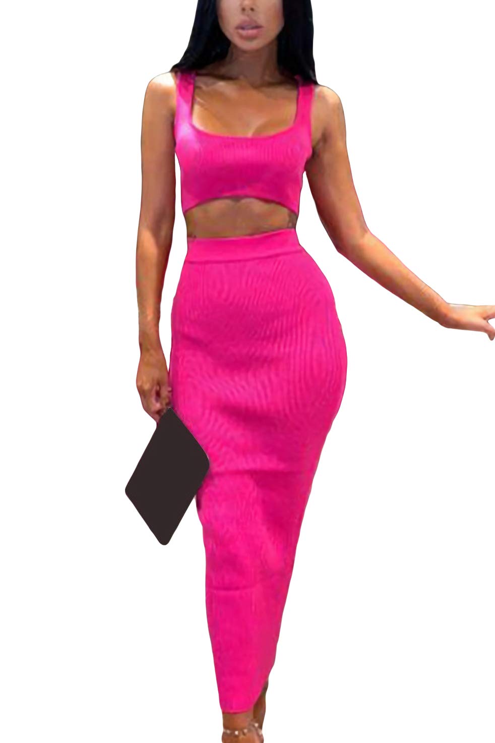 Velius Women's Scoop Neck Neon Bodycon Two Piece Pencil Maxi Dress Clubwear Outfits