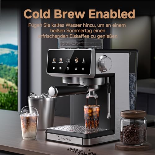 AMZCHEF Portafilter Machine with Grinder, 20 Bar Espresso Machine for Home with Milk Frother, 3 Temperature Levels, 20 Grinding Levels, Cold & Hot Brewing, Touchscreen Display