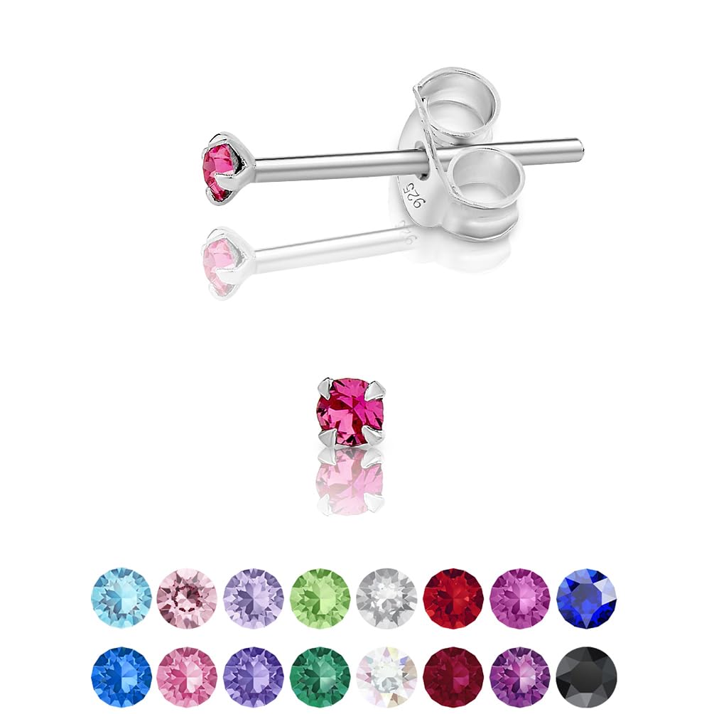 925 Sterling Silver Round Tiny Stud Earrings made with Glittering Crystals - Small Silver Studs Earrings for Woman - Diameter: 2 mm - Colour : Rose