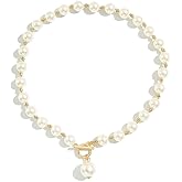 Elegant Pearl Necklace with Gold Accents, Toggle Clasp, Pearl Drop Pendant