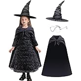 VPCAR Girls Halloween Costume Dress Black Witch Costume Dresses Kids Music Movie Cosplay with Hat Eyeglasses