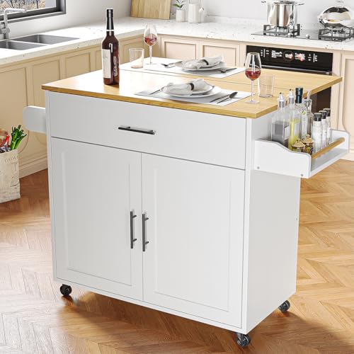 SIMPLE ESPACIO Isla de Cocina Móvil Multifuncional con Ruedas - Abatible,Organizador Integrado Gabinetes,Cajones,Especiero,Toallero Mesa Auxiliar,Almacenamiento Compacto Color de Relieve Blanco