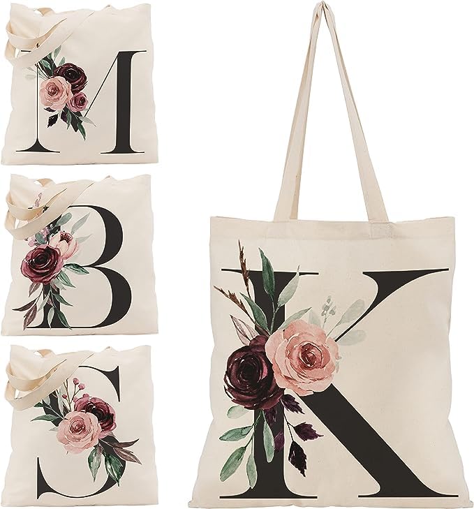 Floral Initial Canvas Bag Gifts for Women - 15"x16" Shoulder Tote Bags for Bridesmaids Hen Party Teacher Gift Shopping Bag C1 (Initial #K)