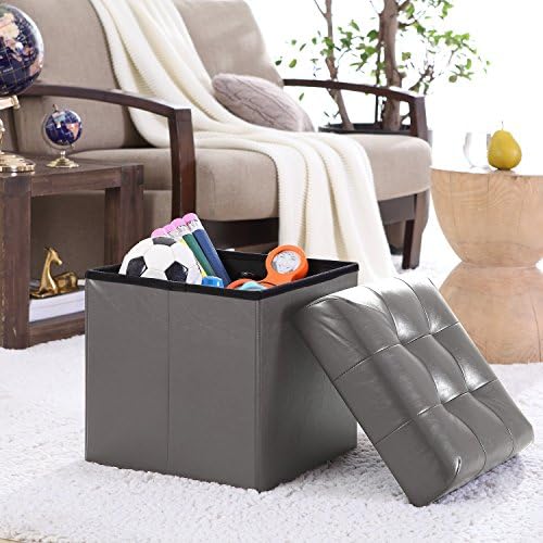 Ellington Home Foldable Tufted Faux Leather Storage Ottoman Square Cube Foot Rest Stool/Seat - 15" x 15" x 15" (Grey)