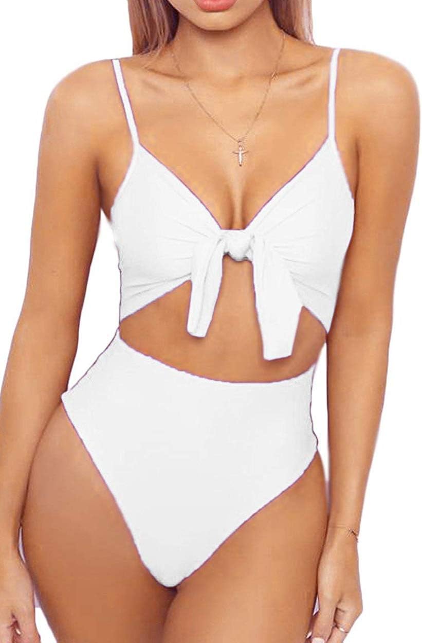 Women's Spaghetti Strap Tie Knot Front Cut Out High Waist One Piece Swimsuits