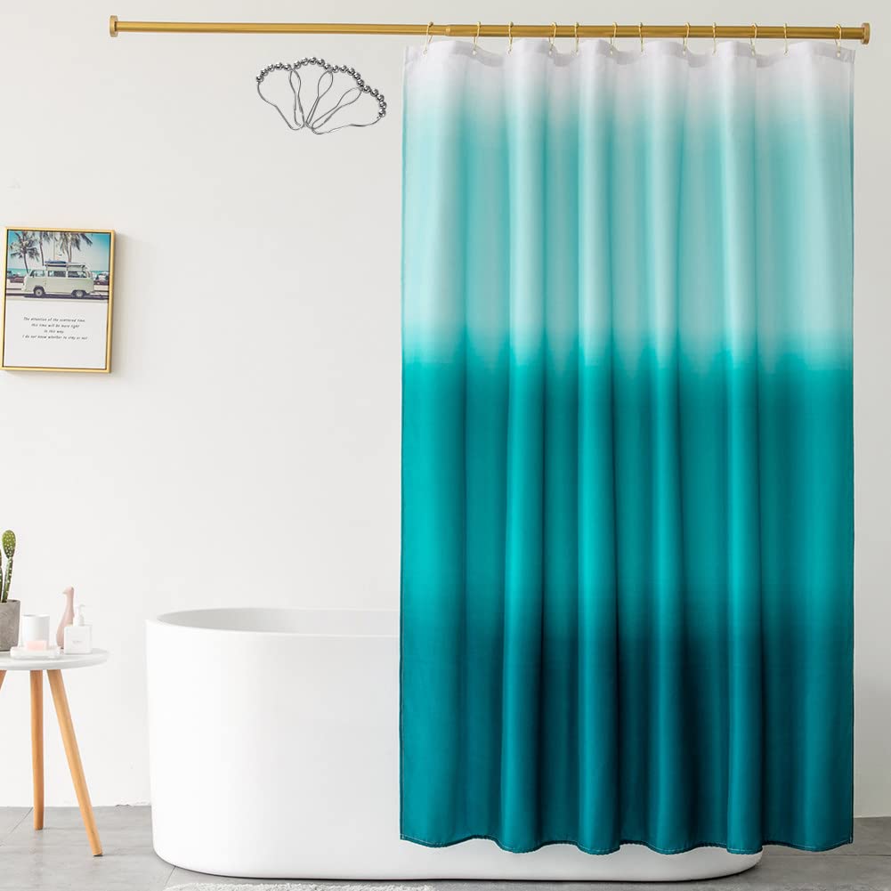 DeKeLaiFu 150 x 180cm Blue Teal Shower Curtain fabric Gradient Aqua Shower Curtain Ocean with Steel Hooks, Abstract Ombre Shower Curtains for Bathroom Mould Proof Resistant, Weighted Waterproof