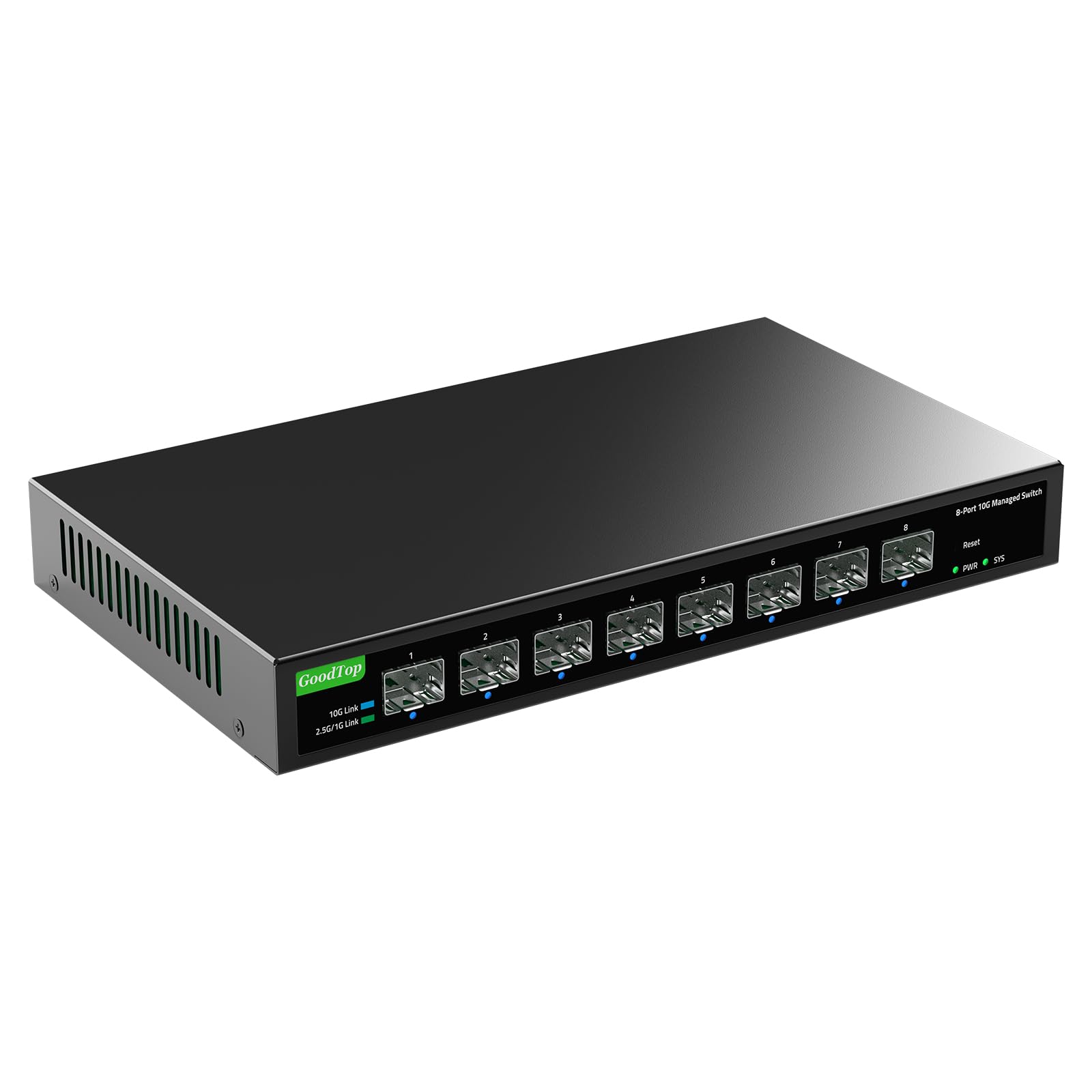 Photo 1 of GoodTop 8 Port 10Gb Smart Web Managed SFP+ Switch,10G Optical Easy Managed SFP+ Ethernet Switch,Metal Fanless Home Lab Network Switch with Link Aggregation/QoS/VLAN/DHCP Client, Black, GT-SWTXG8FM
