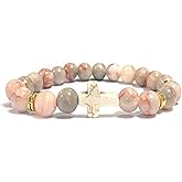 SCRDPRAD Handmade Cross Natural Colorful Stone Beaded Adjustable Bangle Stretch Elastic Link Bracelet Inspirational Religious Couple Friendship Christian Jewelry for Women Men