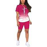 PINSV Women's 2 Piece Outfits Summer Printing Bodycon Short Pants Workout Sets