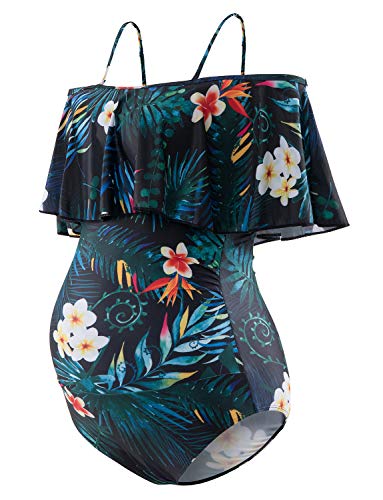 Maternity Bikinis Tankini Floral Flouncing Swimsuit One Piece Beachwear Green with Ivory Flower S