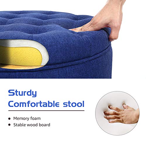 YAMASORO Fabric Cushion Button Lift Top Storage Footstool, Height 18 Inches Strudy Round Ottomans & Storage Ottomans, Blue