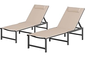 WOAJNQO Chaise Lounge Chair Outdoor,Aluminum Patio Lounge Chairs Set of 2, Adjustable 5-Position Recliner and Full Flat Tanning Chair with Pillow for Pool, Outside,Beach,Khaki
