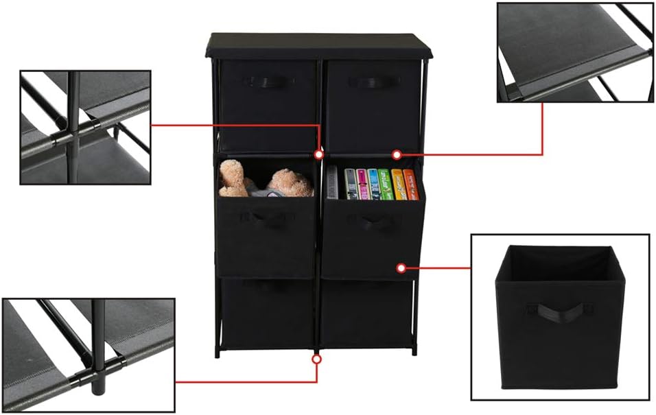Function Home 6 Drawer Storage Organizer, Fabric Chest Cabinet, 3 Tier Metal Shelves with 6 Non-Woven Collapsible Bins, Organizer Tower Unit for Storing Clothing Documents Books Towels in Black: Home & Kitchen