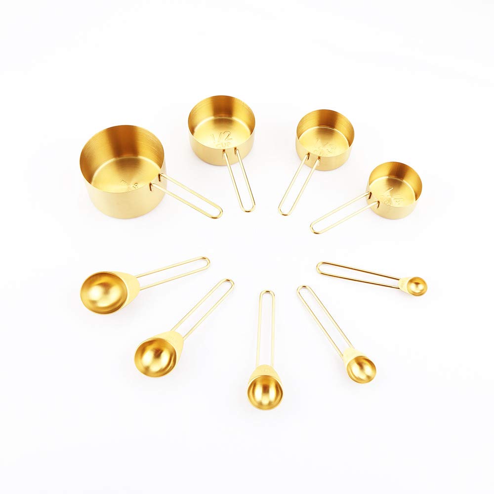 Stainless Steel Measuring Cups and Spoons Set of 9 Pcs Baking Cooking Utensils with Measurement for Dry and Liquid Ingredients, Gold
