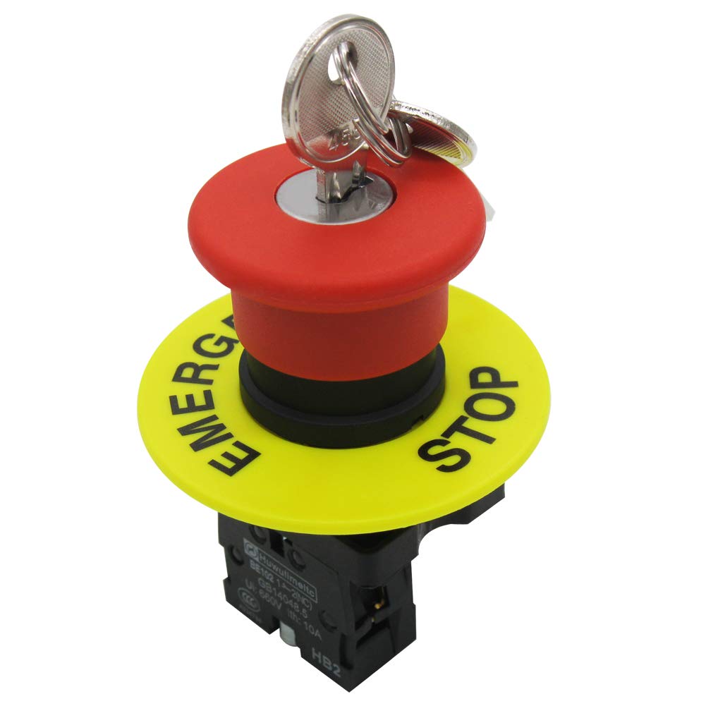mxuteuk 1NC Red Mushroom Switch AC 660V 10A 22mm Red Mushroom Emergency Stop Push Button Switch Key Reset with Emergency Stop Sign ,HB2-ES142 - Image 3