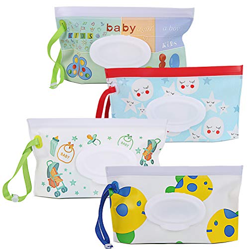FEBSNOW 4 Pack Baby Wipes Container, Reusable Portable Wet Wipe Pouch