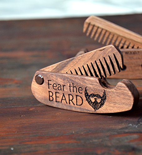 Beard Comb for Men - Pocket Folding Combs for Mustache & Hair. Travel, Natural Wooden Comb with Skull Engraving - Perfect for Use w/Beard Balm, Oil