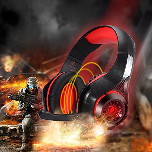 Game Headset, TURN RAISE 3.5mm Stereo Gaming LED Lighting Over-Ear Headphone with Mic for Playstation 4 PS4 PC Computer Gamer - Support Noise Cancelling & Volume Control(Red in Black)
