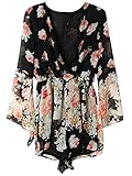 Persun Women Limited Black Floral Print Romper Playsuit With Long Flare Sleeves