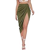 WDIRARA Women's Skirts Split Thigh Front Satin Skirt High Waist Ruched Zip Back WrapMidi Skirt