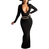 Women's Casual Long Sleeves Bodycon Maxi Dress Plus Size Sexy Deep V Neck Club Night Party Sweater Ribbed Long Dresses