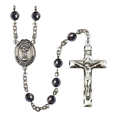 Divino Nino Silver-Plated Rosary 6mm Hematite Beads Crucifix Size 1 3/4 x 1 medal charm