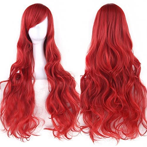 IMISSU 80cm Long Curly Natural Hair Cosplay Wig with Bangs Colorful Halloween Costume Party Wigs for Women (Red)