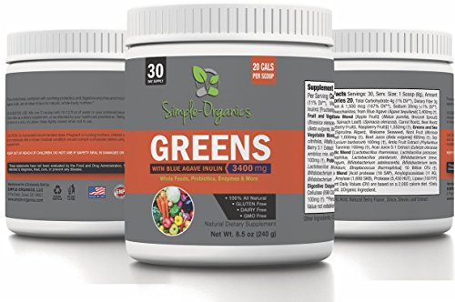 Simple Organics Greens Superfood Powder Low-Calorie with Fruits, Enzymes, Probiotics, Antioxidants, Vitamins, & Minerals