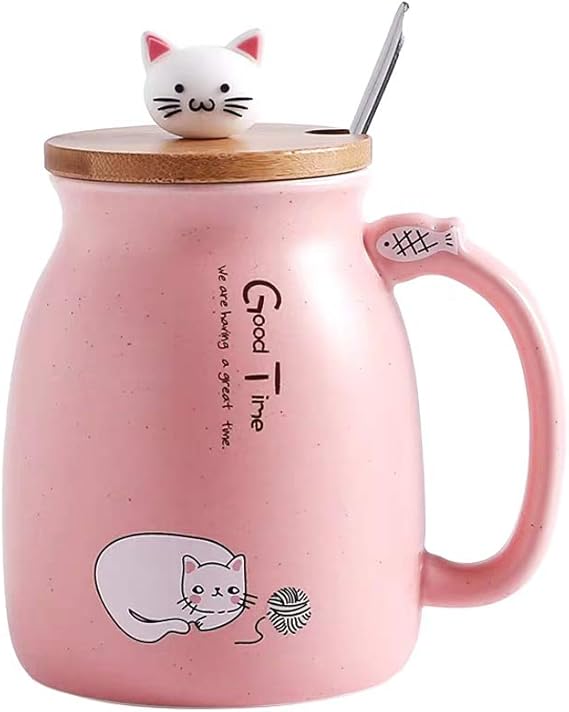Cat Mug Cute Ceramic Coffee Cup with Lovely Kitty Wooden lid Stainless