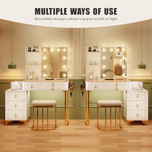 Dystle Makeup Vanity Desk with Mirror & Lights, Vanity Table with 5 Drawers, 2 Shelves, Vanity Set for Bedroom, Dressing Table with LED Lights, Vanity Gifts for Girls Lady (A-White)