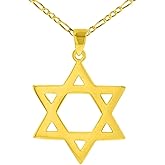 Solid 14K Yellow Gold Star Of David Hebrew Pendant with Figaro Necklace