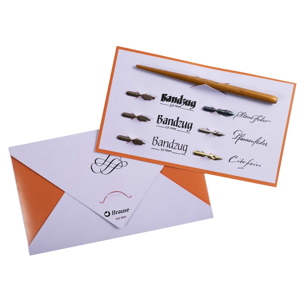 Brause 137B - A writing and calligraphy pouch writing set containing 6 nibs (Sténo, Pfannen, Cito fein, Bandzug 1 mm, 2 mm and 3mm) and a wooden nib holder