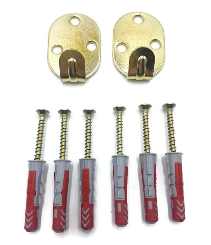 2 x Heavy Duty Wall Hooks 3 Hole Brass Plated Large Picture/Mirror - Plaster or Solid Walls - Including Screws & Wall Plugs - Hang up to 40kg