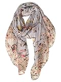 GERINLY - Lightweight Floral Birds Print Shawl Scarf For Spring Season (Grey)