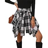Chvity Mini Skirts for Women High Waisted Asymmetrical Hem Fashion Plaid Skirt