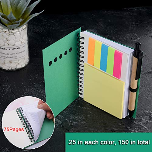 Maxdot 4 Pieces Kraft Paper Steno Pocket Business Notebook Spiral Lined Notepad Set with Pen in Holder, Sticky Colored Notes Page Marker Tabs (Green Cover) - Thumbnail 6