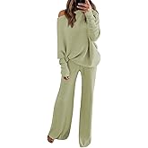 Linsery Womens 2 Piece Outfits One Shoulder Knit Sweater Pullovers Wide Leg Pants Sets Sweatsuit Tracksuit