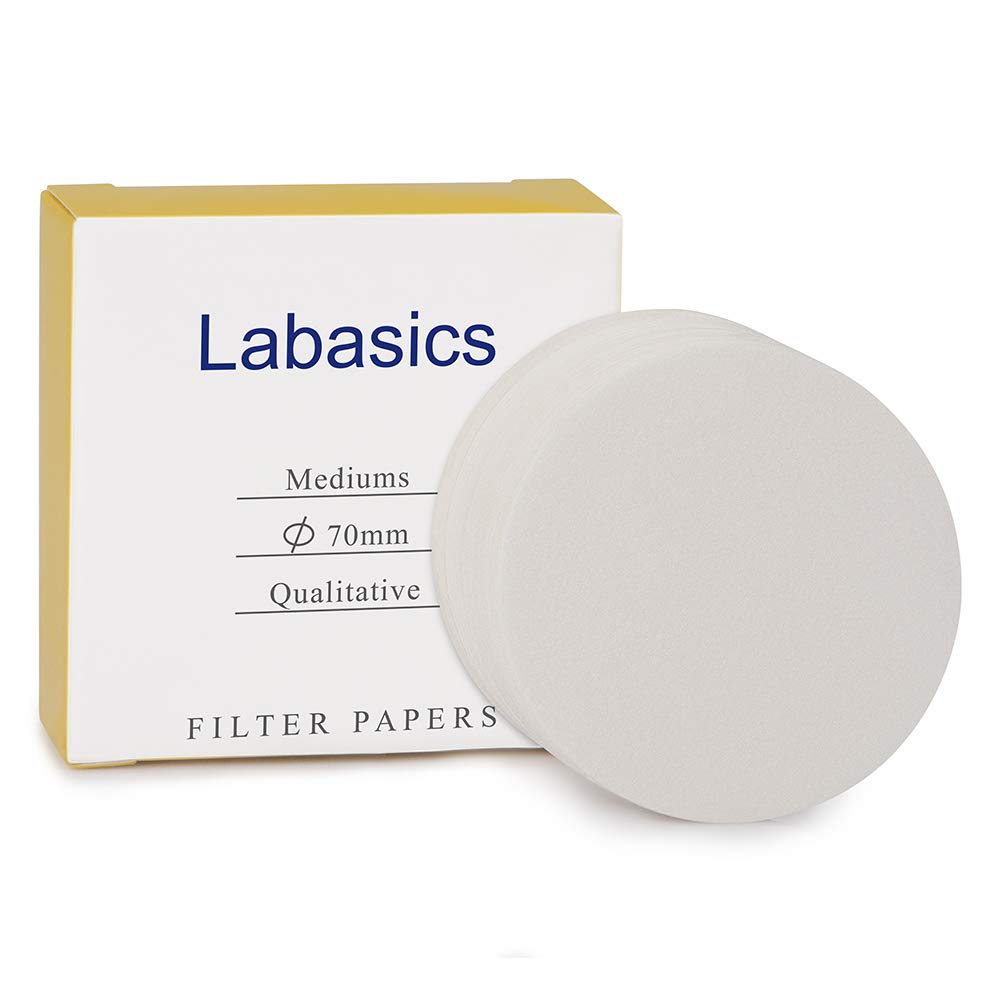 Labasics Qualitative Filter Paper Circles, 70 mm Diameter Cellulose Filter Paper with 15-20 Micron Particle Retention Medium Filtration Speed, Pack of 100