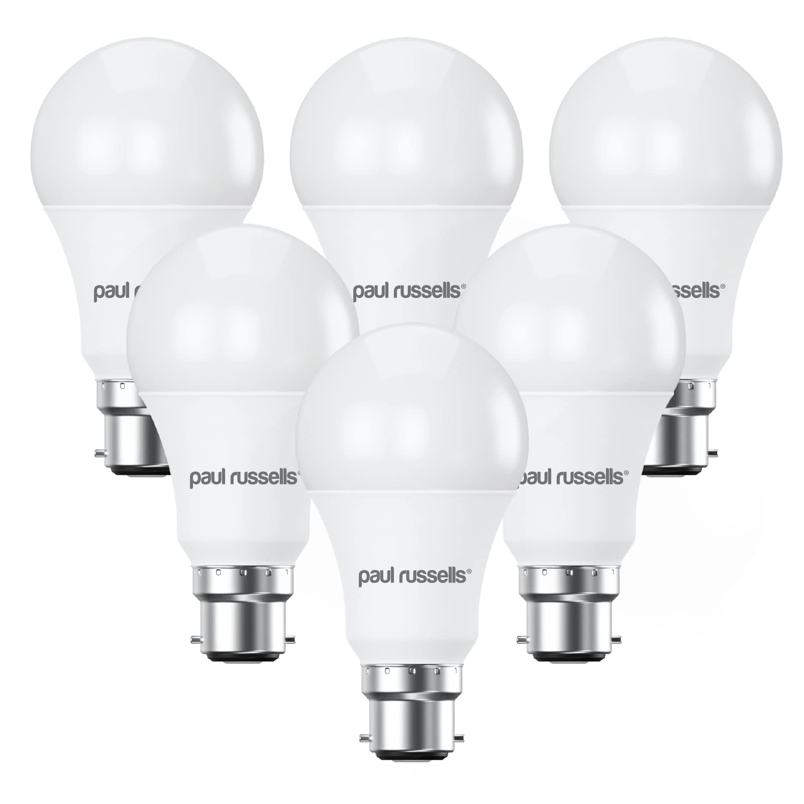 Paul russells LED GLS - Dimmable Bayonet Light Bulbs, 8.5W 806 Lumens B22 A60 LED Bulbs, 60w Equivalent, 4000K Cool White/Natural White, Dimmer Standard BC Energy Saving Ceiling Light, Pack of 6