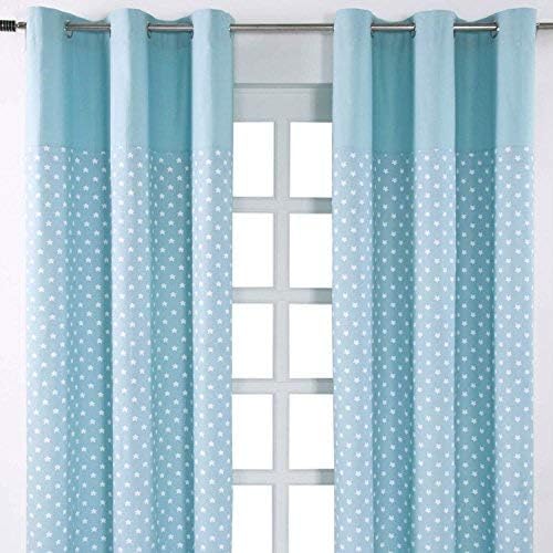 HOMESCAPES 100% Cotton Unlined Eyelet Curtain Pair - Stars - Blue - 137cm (54") Wide x 182cm (72") Drop, W 53.9" x L 71.7" (2 Panels)