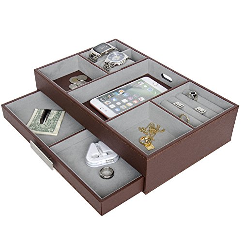 Arolly Leather Finish Valet Charging Station Organizer Storage Jewelry Box