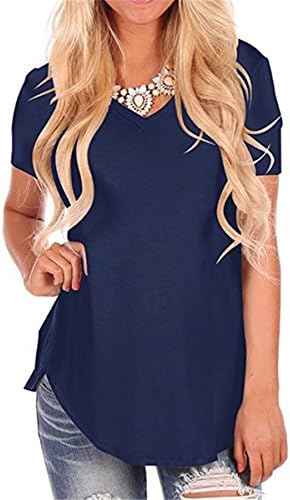 GOCHIC Womens Casual Curved Hem Short Sleeve T Shirt V Neck Side Slit Blouse Navy XX-Large