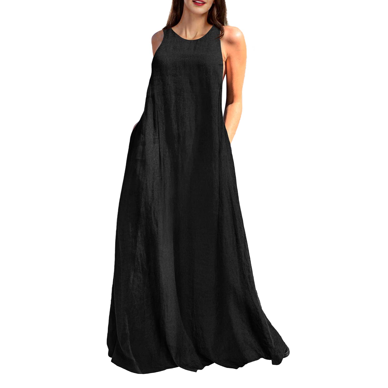 Photo 1 of (used) Rainday Women's Linen Dress Sleeveness Loose Dresses Casual Maxi Dress with Pockets(Z3019BK,L)