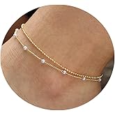 Raicegs Layered Anklet Bracelets for Women 18K Gold Anklets Dainty Chain Pearl Beads Anklet Beach Jewelry Gift for Women Girl