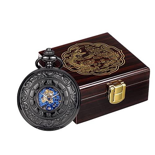 ManChDa Mechanical Roman Numerals Dial Skeleton Pocket Watches with Brown  Wooden Pocket Watch Finish Stain Box