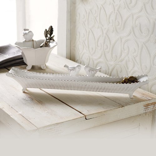 Click Here to See More Images Mud Pie Footed Olive Boat with Elegant Dot Edge and Bird Figurines