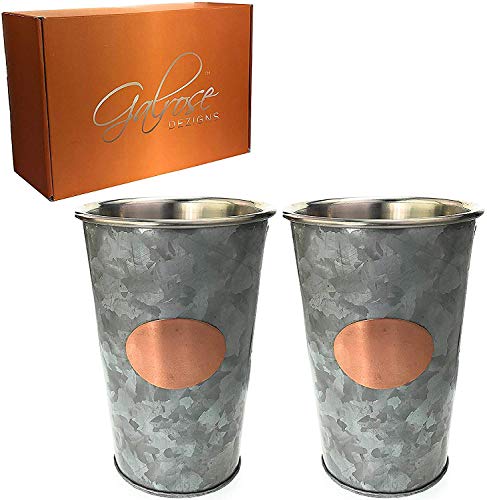 GALROSE Galvanized Mint Julep Cups - Silver with Rose Gold, Set of 2, Iron and Stainless Steel, 16 oz. - Stylish Bar Glasses for Home Bars and Decor