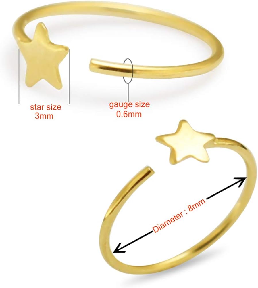 AZARIO LONDON 14K Solid Yellow Gold Plain Flat Star 22 Gauge - 8MM Diameter Open Hoop Nose Piercing Ring Jewellery - Image 4