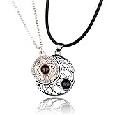 COLORFUL BLING 2Pcs Love Heart Matching Pendant Necklace Set 100 Languages I Love You Sun and Moon for Him and Her Couple Best Friends Promise Projection Jewelry-Black Moon