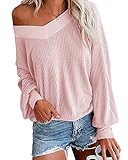 Women's Casual Loose V Neck Long Sleeve Waffle Knit Off Shoulder Tops Oversized Pullover Sweater